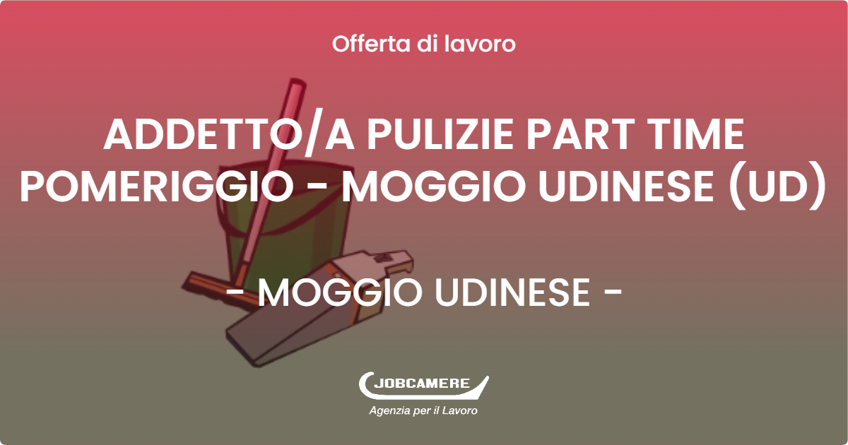 OFFERTA LAVORO - ADDETTO/A PULIZIE PART TIME POMERIGGIO - MOGGIO UDINESE (UD) - MOGGIO UDINESE (UD)