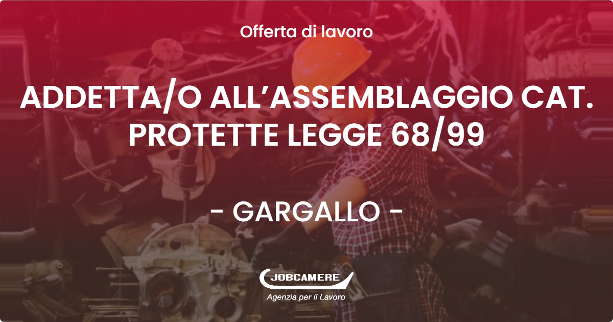 OFFERTA LAVORO - ADDETTAO ALL’ASSEMBLAGGIO CAT. PROTETTE LEGGE 6899 - GARGALLO (NO)