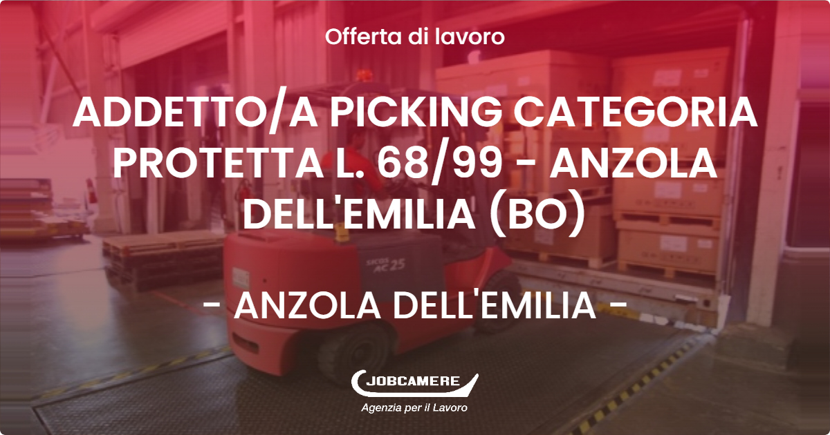 OFFERTA LAVORO - ADDETTOA PICKING  CATEGORIA PROTETTA L. 6899  - ANZOLA DELL'EMILIA (BO) - ANZOLA DELL'EMILIA