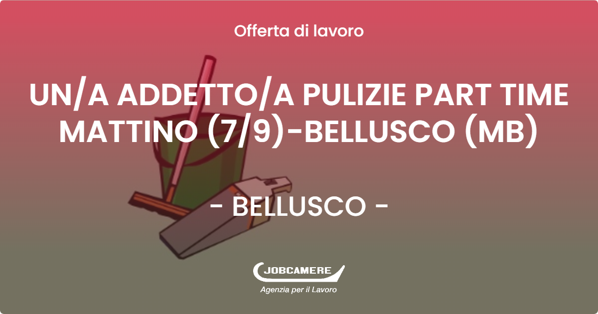 OFFERTA LAVORO - UNA ADDETTOA PULIZIE PART TIME MATTINO (79)-BELLUSCO (MB) - BELLUSCO (MB)