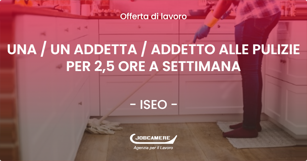 OFFERTA LAVORO - UNA / UN ADDETTA / ADDETTO ALLE PULIZIE PER 2,5 ORE A SETTIMANA - ISEO (BS)