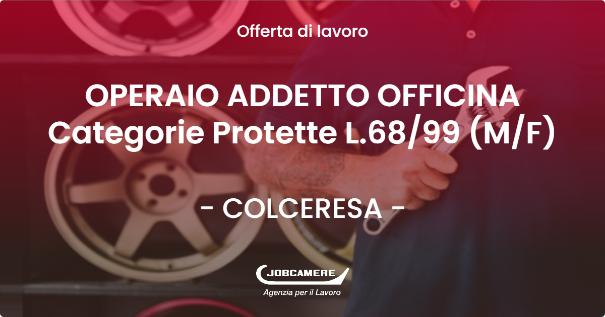 OFFERTA LAVORO - OPERAIO ADDETTO OFFICINA Categorie Protette L.68/99 (M/F) - COLCERESA (VI)