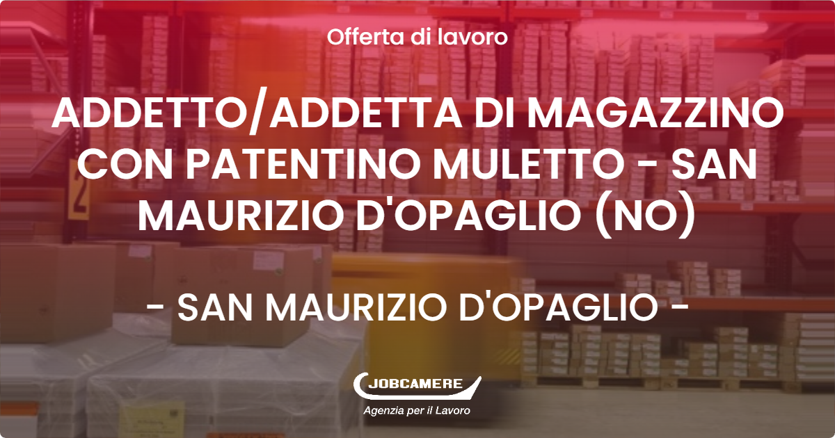 OFFERTA LAVORO - ADDETTO/ADDETTA DI MAGAZZINO CON PATENTINO MULETTO - SAN MAURIZIO D'OPAGLIO (NO) - SAN MAURIZIO D'OPAGLIO (NO)
