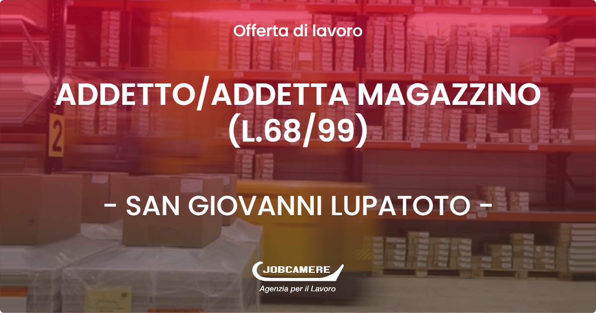 OFFERTA LAVORO - ADDETTO/ADDETTA MAGAZZINO (L.68/99) - SAN GIOVANNI LUPATOTO (VR)